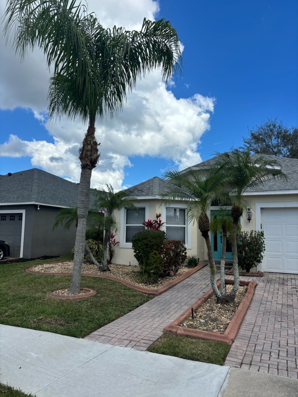 Front yard with palms, mulched beds and a paver walkway