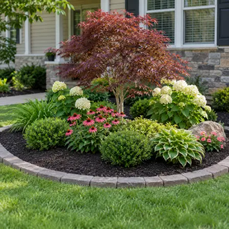 A replanted front bed with fresh mulch, flowering shrubs and a cut-in stone edge