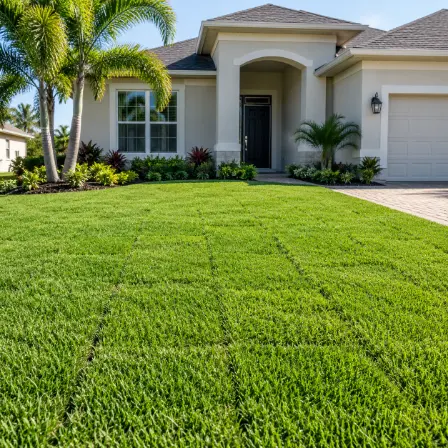 A newly sodded front lawn with the seams between pieces still showing