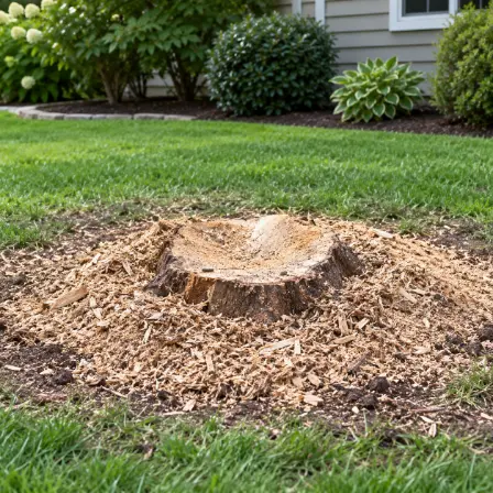 A cut stump ringed by fresh grindings in the middle of a lawn