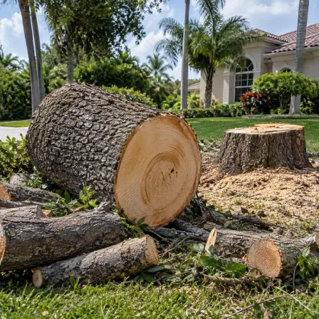 Trunk sections and a freshly cut stump on a front lawn after a tree came down